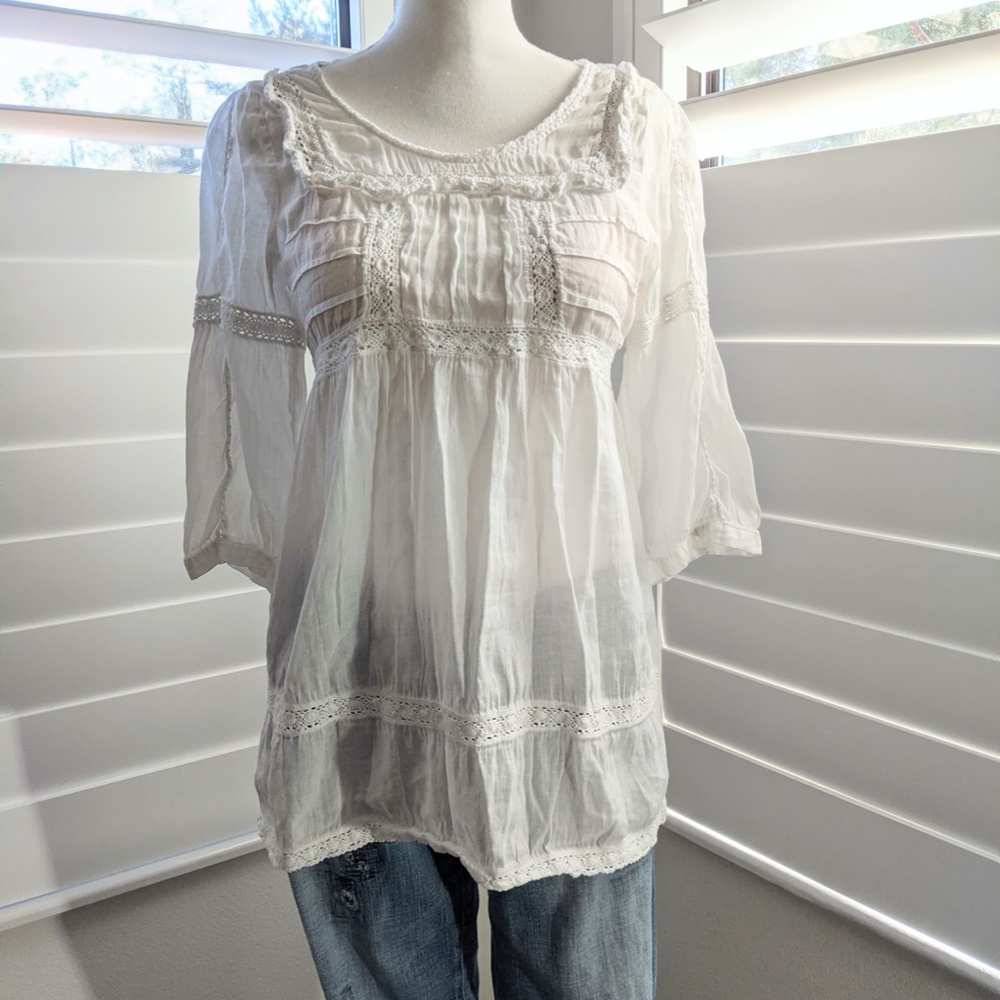 ZARA 🌸 Basic White 3/4 Sleeves Lace Embroidered Blouse Top Shirt Tunic - MED
